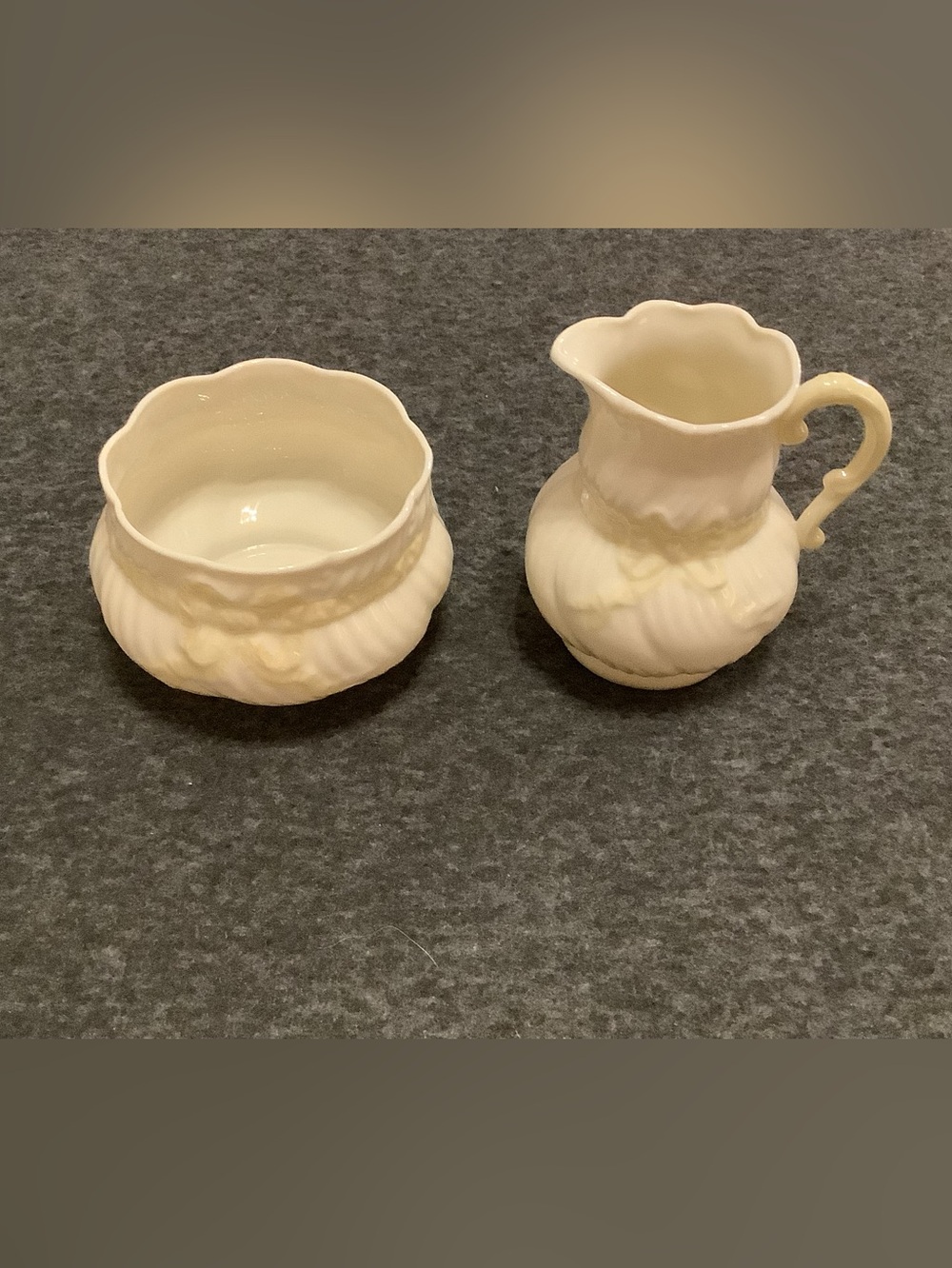 Vintage Belleek Ribbon & Bow Creamer and Open Sugar Bowl Set